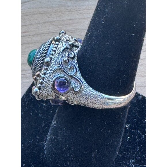 Sterling Silver 925 Ornate Ring w/ Malachite Center & Amethyst Accents Bali Boho - Picture 3 of 12